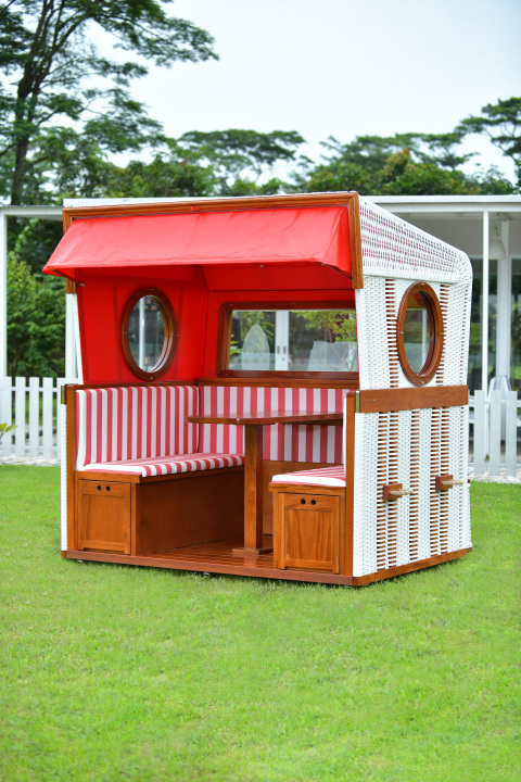 Gosch-Lounge-Strandkorb-6-Sitzer-Mahagoni-PVC-Weiss-Dessin-RotWeiss-10