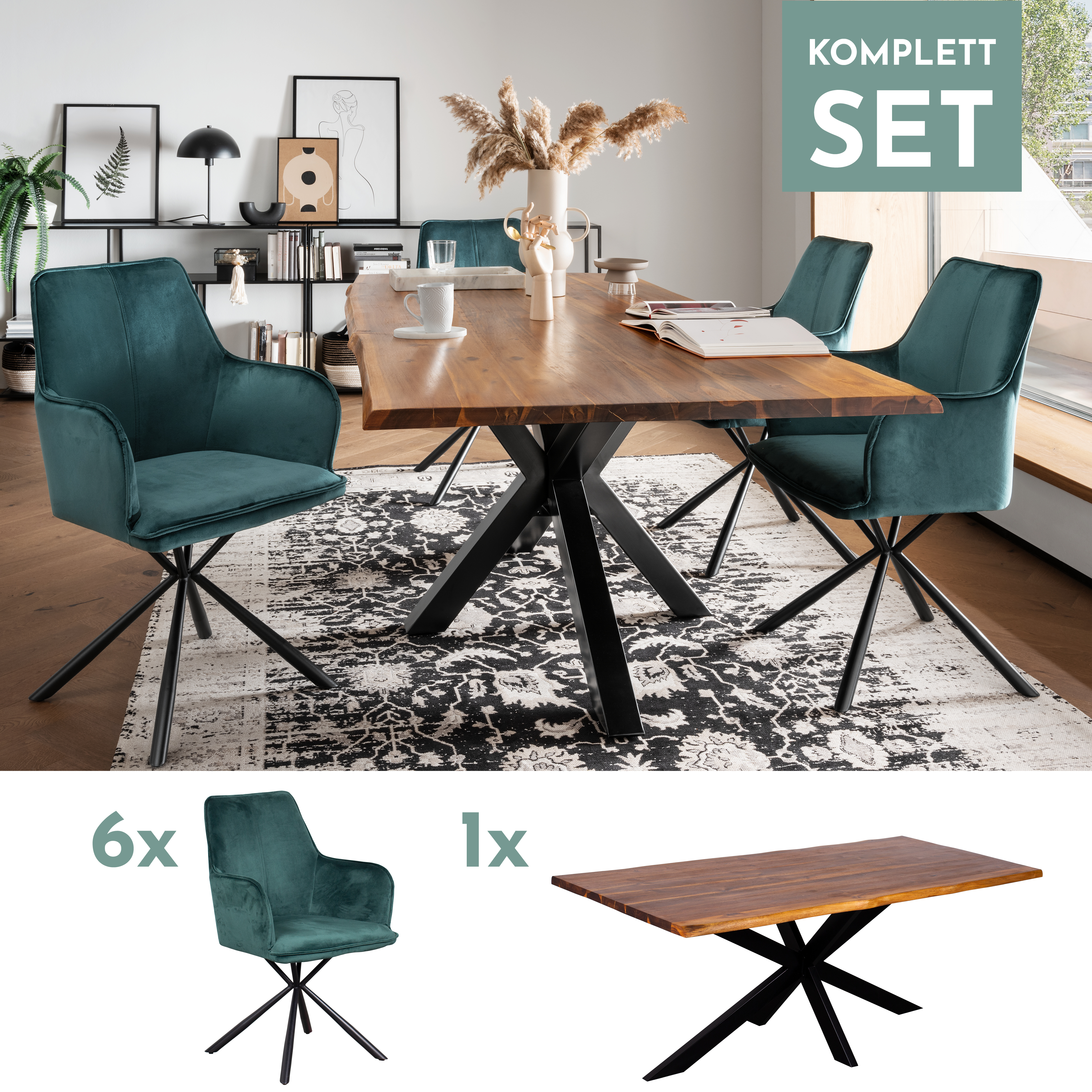 Indoormöbelset Diningsessel Bergamo dunkelgrün und Baumkantentisch Turin